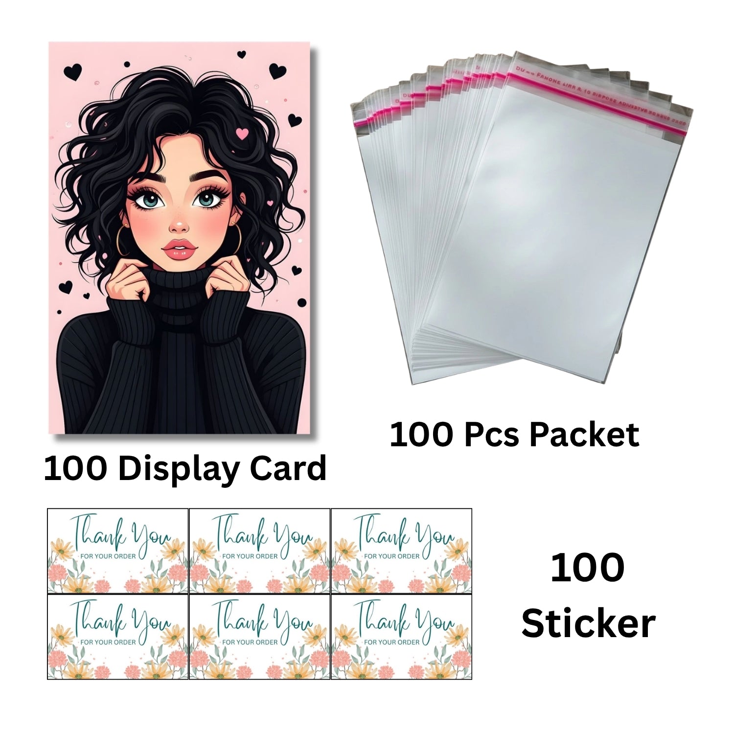 Jewellery Packaging Combo Set (100 PCS) | Display Cards, Stickers & BOPP Bags